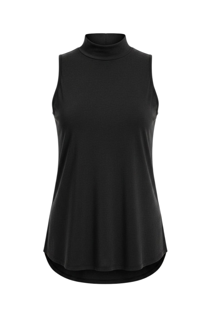 Mom & Me Boutique black Dty mock neck knit tank top with a sleeveless design and curved hemline.