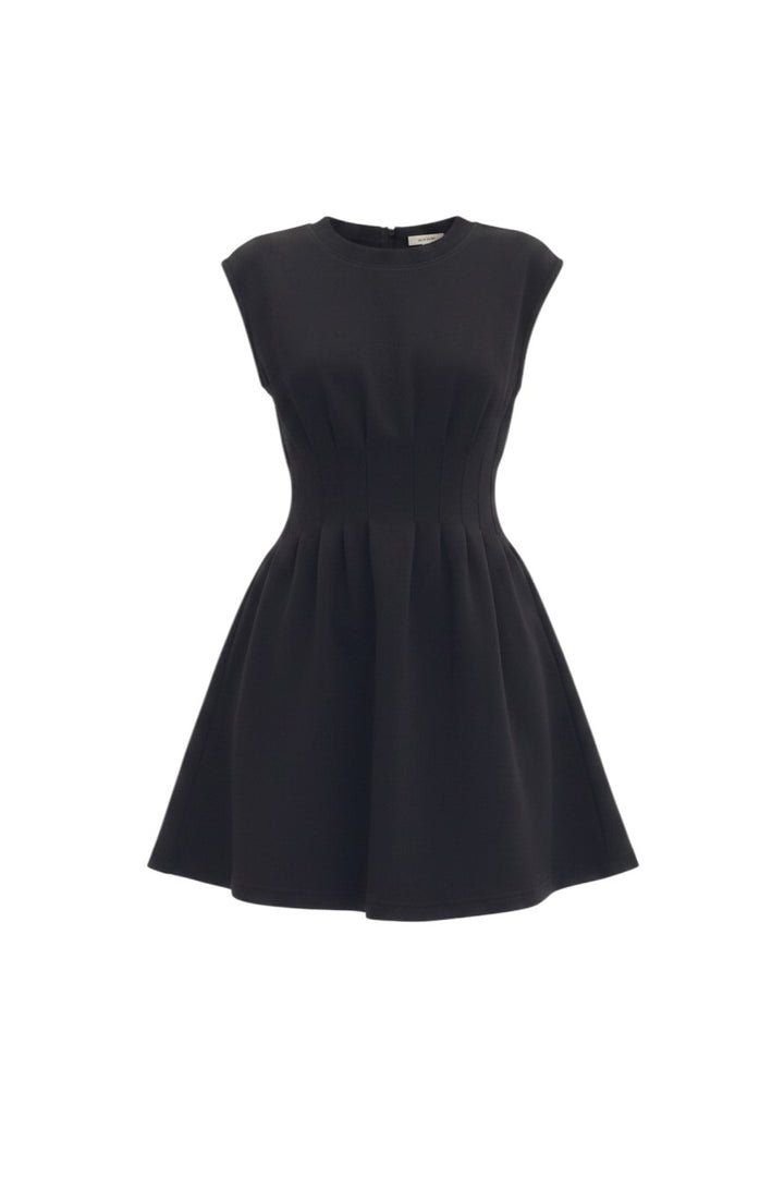 Mom & Me Boutique black cap sleeve mini dress with vertical pintuck bodice detail and side pockets in knit fabric.