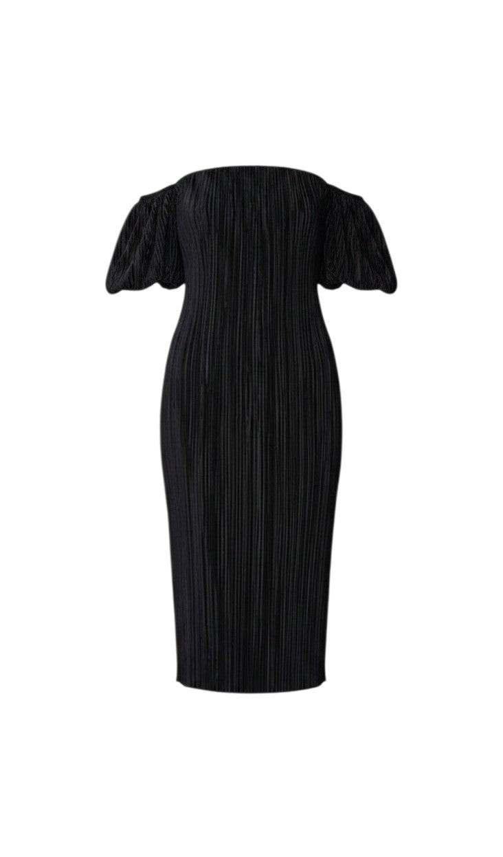 Mom & Me Boutique Brielle black pleated satin midi dress with a square neckline and off-shoulder puff sleeves.