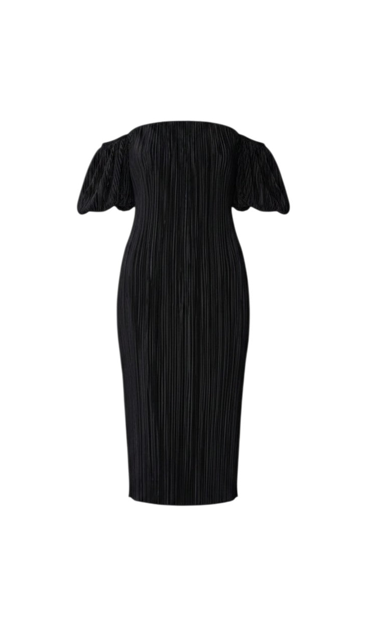 Mom & Me Boutique Brielle black pleated satin midi dress with a square neckline and off-shoulder puff sleeves.