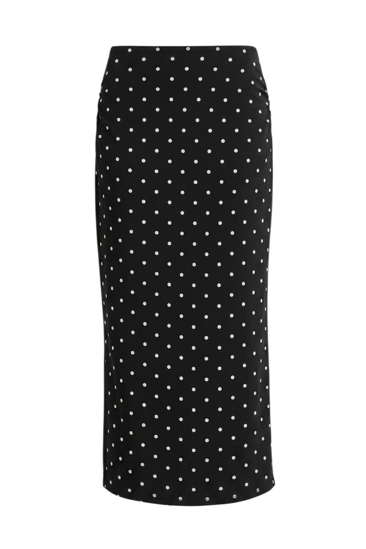 Mom & Me Boutique Dotti midi skirt in black with white polka dots, featuring ruched sides and a stretchy fabric.