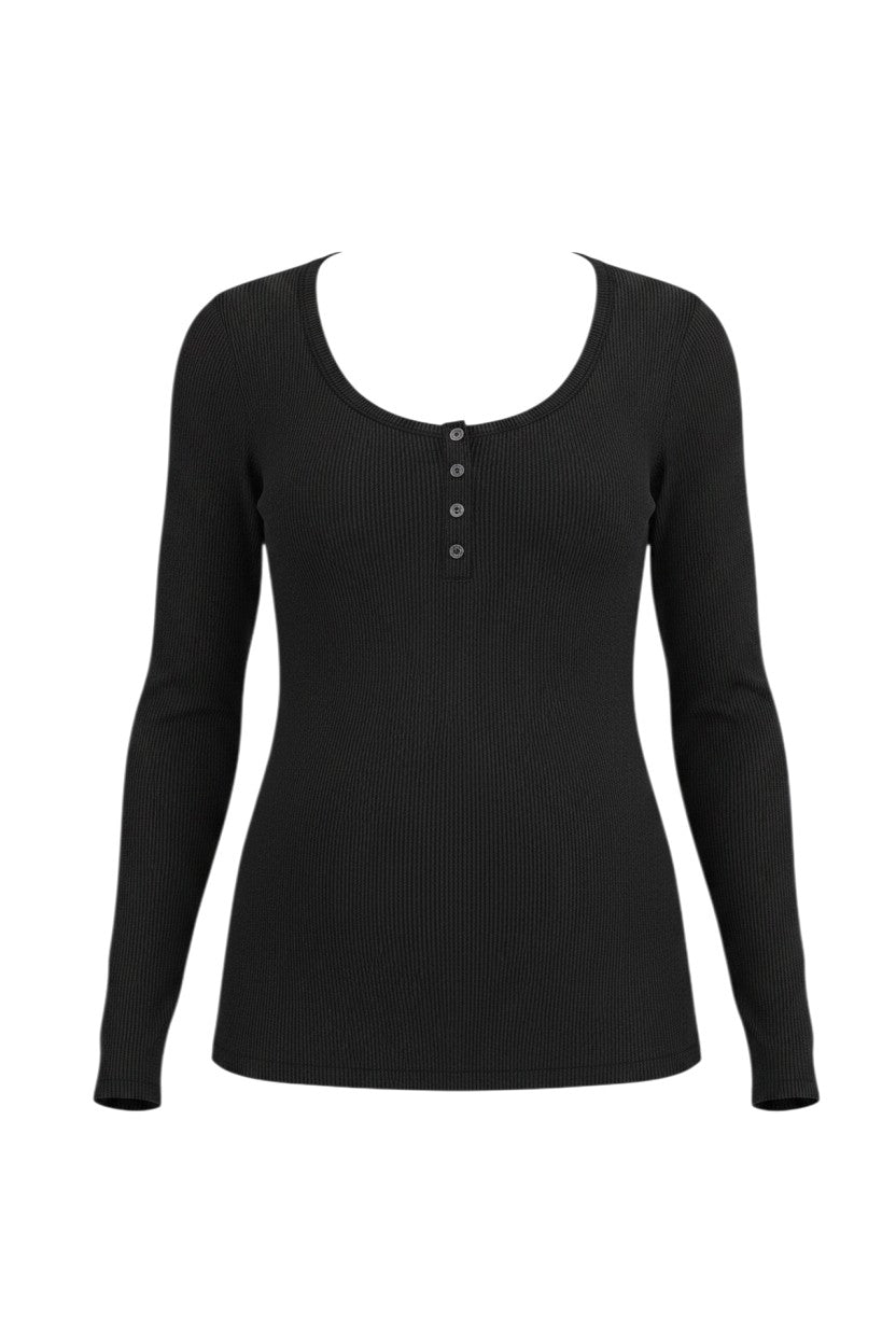 Mom & Me Boutique black ribbed knit maternity henley top with a scoop neck and long sleeves