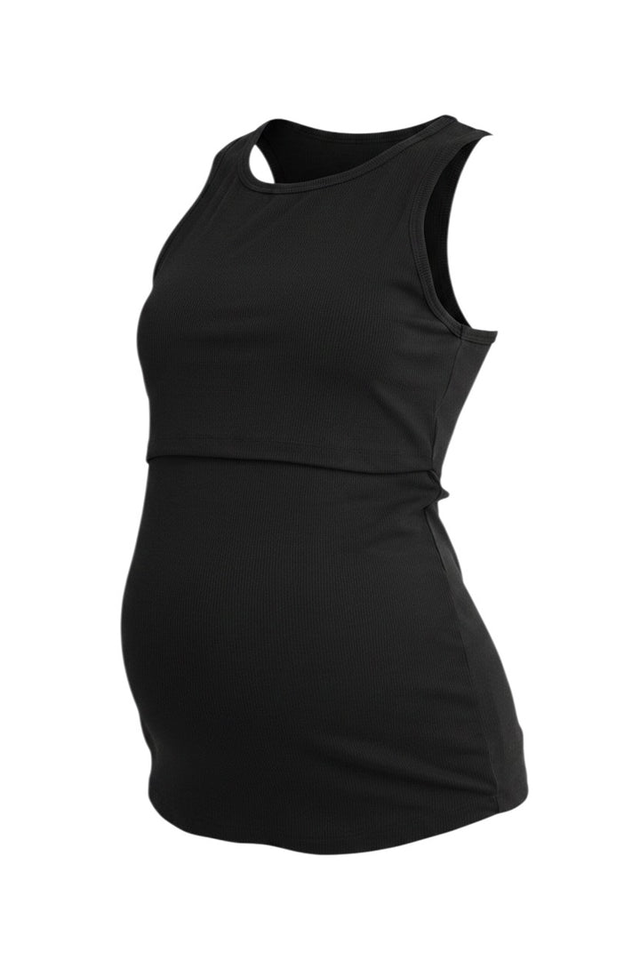 Mom & Me Boutique black ribbed sleeveless maternity nursing tank top with a double layer design