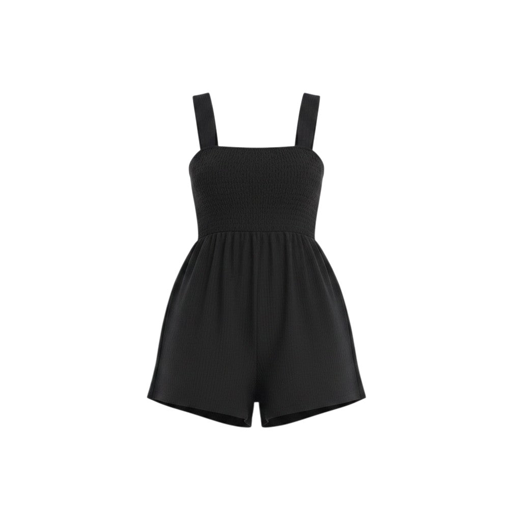 Mom & Me Boutique black ribbed-knit maternity romper with a smocked bodice and square neckline.