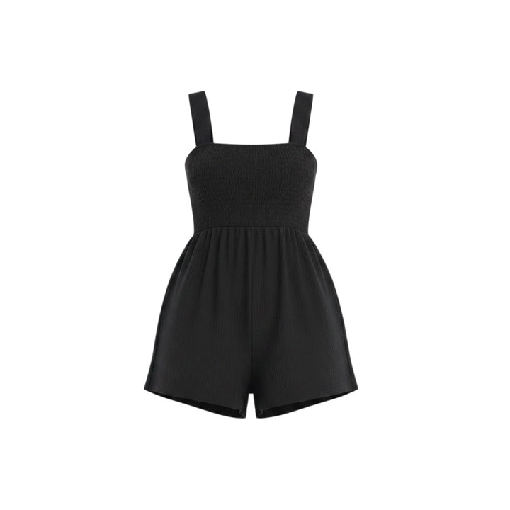 Mom & Me Boutique black ribbed-knit maternity romper with a smocked bodice and square neckline.