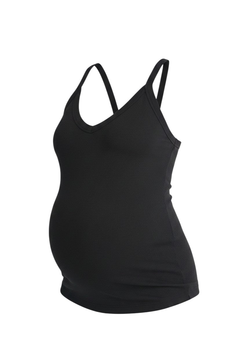 Mom & Me Boutique black ribbed maternity tank top with v-neck and racer back design