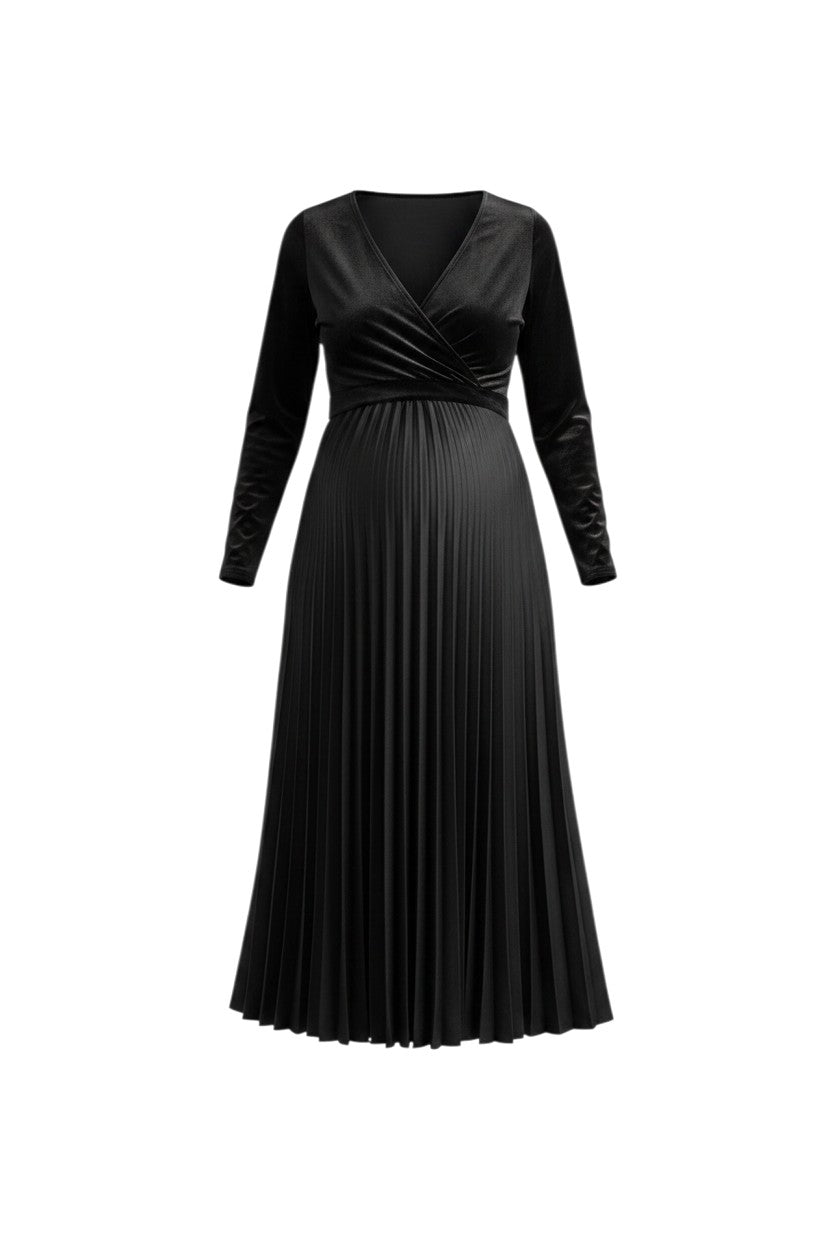 Mom & Me Boutique black velvet and crepe maternity midi dress with long sleeves, surplice neckline, and pleated skirt.