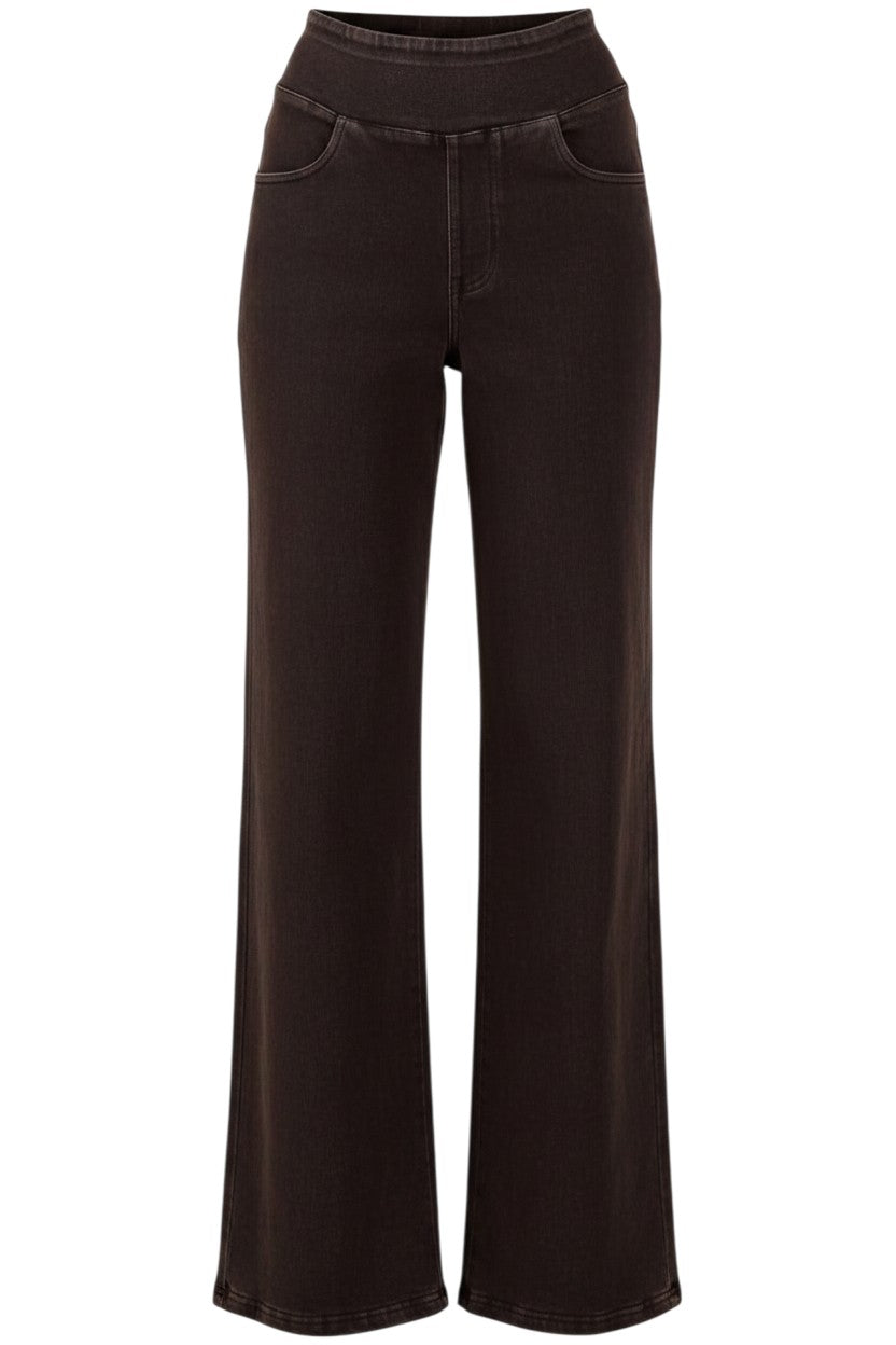 Mom & Me Boutique black stretch denim wide leg pants with an elastic waistband and pockets.