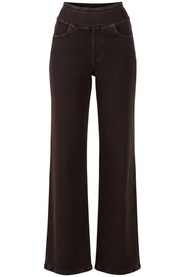 Mom & Me Boutique black stretch denim wide leg pants with an elastic waistband and pockets.