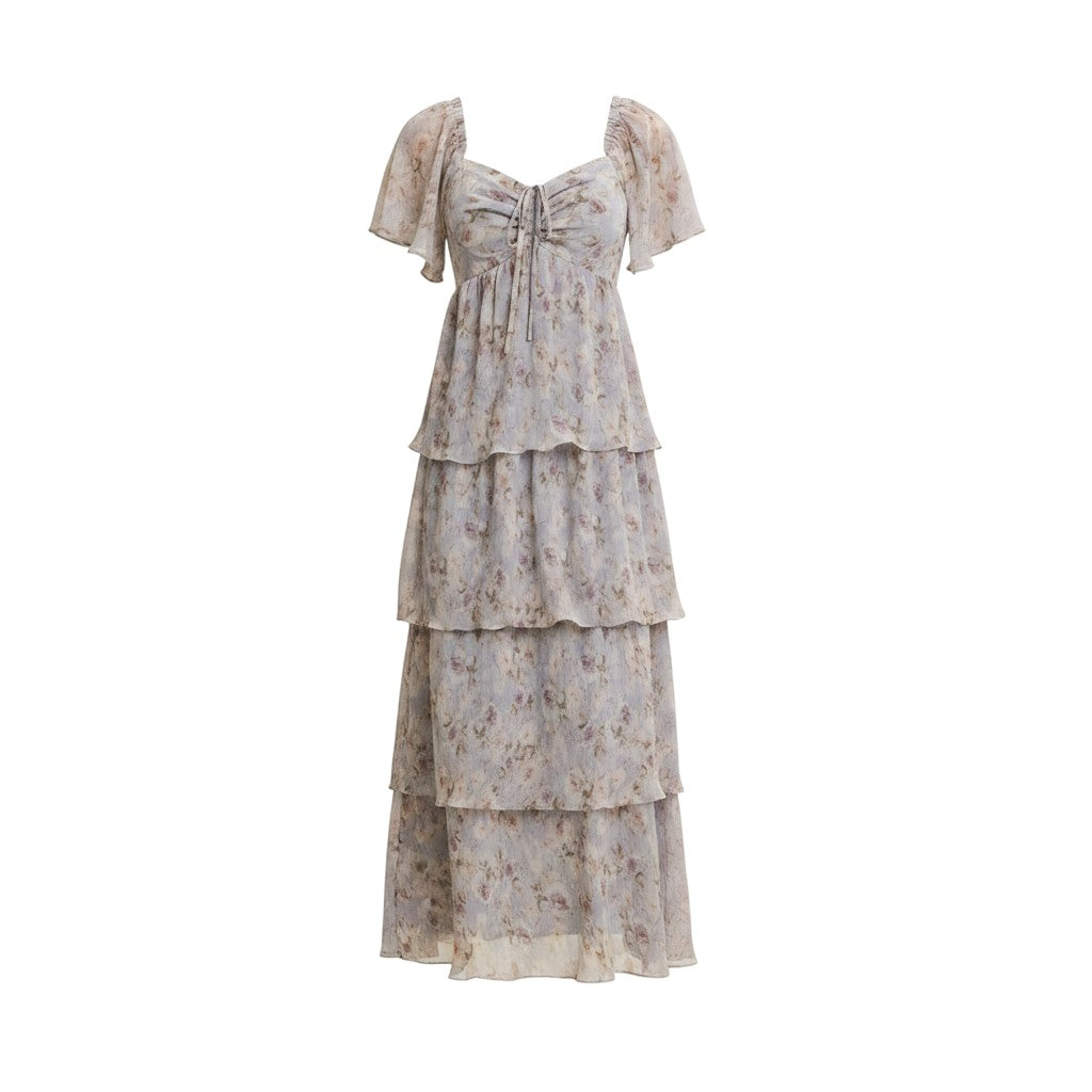 Mom & Me Boutique Eloise blue floral maxi dress with sweetheart neckline, flutter sleeves, and tiered ruffles.