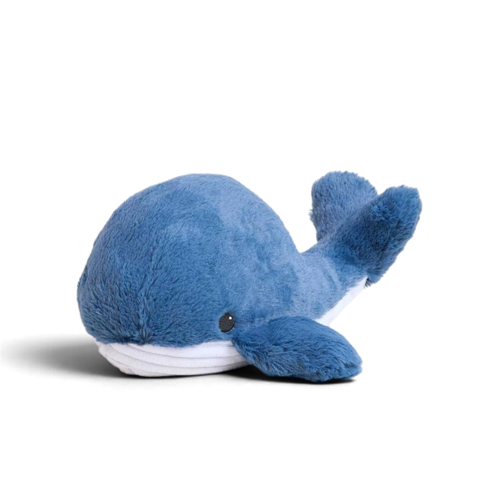 Mom & Me Boutique blue plush whale Warmies toy, microwavable and lavender-scented for soothing comfort.