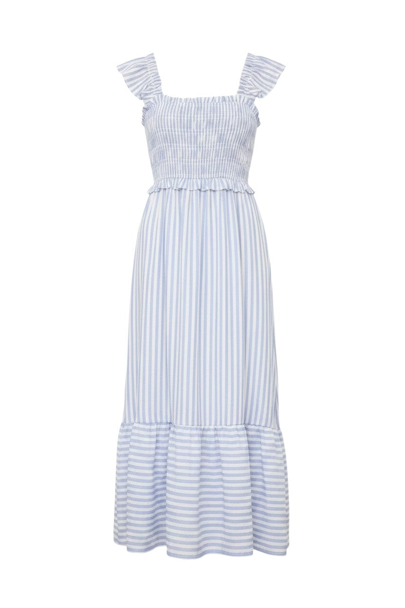 Mom & Me Boutique blue and white striped midi dress with smocked bodice, ruffle trim sleeves, and tiered skirt.