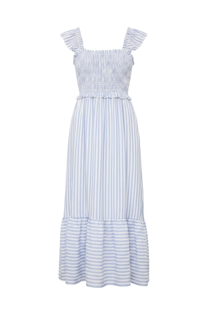 Mom & Me Boutique blue and white striped midi dress with smocked bodice, ruffle trim sleeves, and tiered skirt.