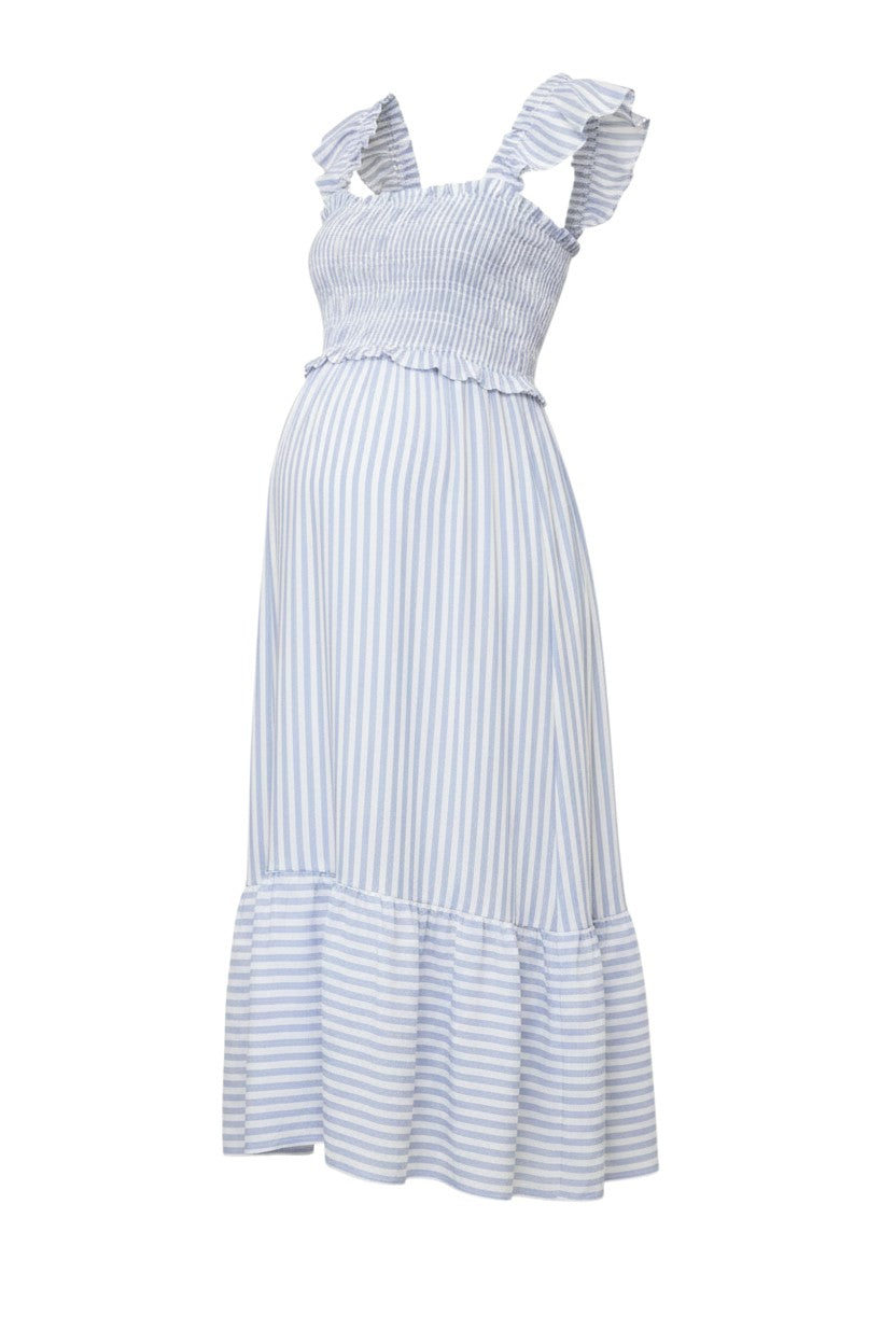 Mom & Me Boutique blue and white striped midi dress with smocked bodice, ruffle straps, and tiered hem.