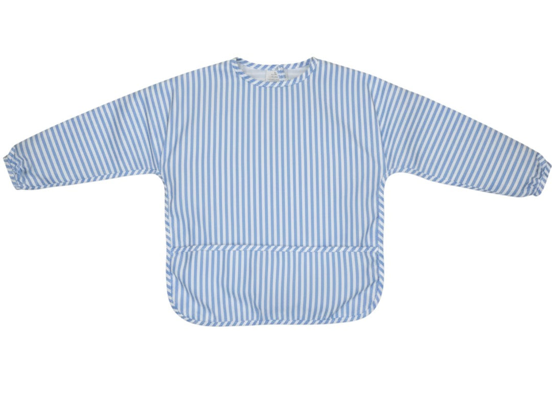 Mom & Me Boutique Perfect Smock Small in blue and white vertical stripes with long sleeves and a front catchall pocket.