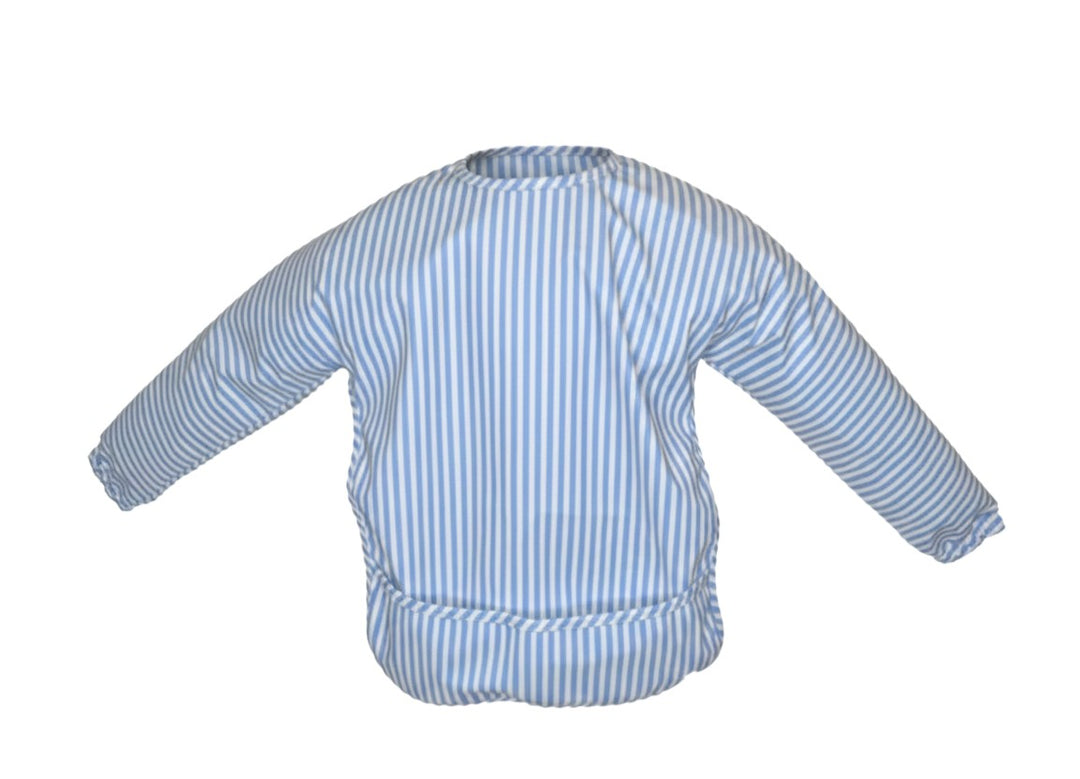 Mom & Me Boutique Perfect Smock Small in blue and white vertical stripes with long sleeves and a front catchall pocket.