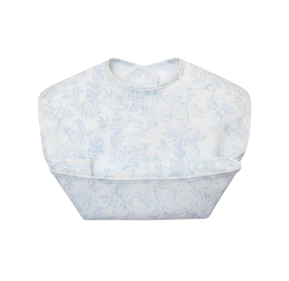 Mom & Me Boutique Best Bib in blue and white toile print with a snap-on catchall pocket for easy cleaning.