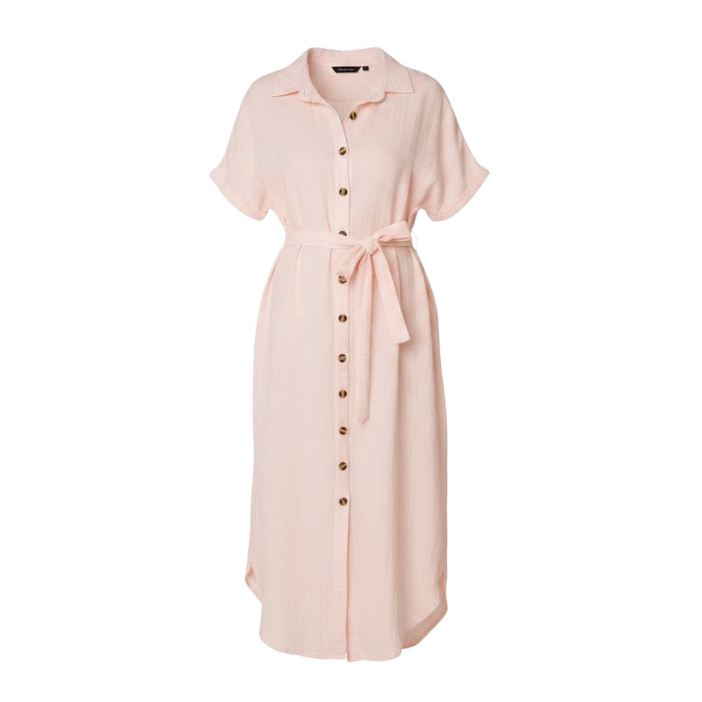 Mom & Me Boutique blush pink cotton muslin midi dress with button-down front, cap sleeves, and a matching waist tie.