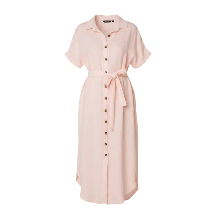 Mom & Me Boutique blush pink cotton muslin midi dress with button-down front, cap sleeves, and a matching waist tie.