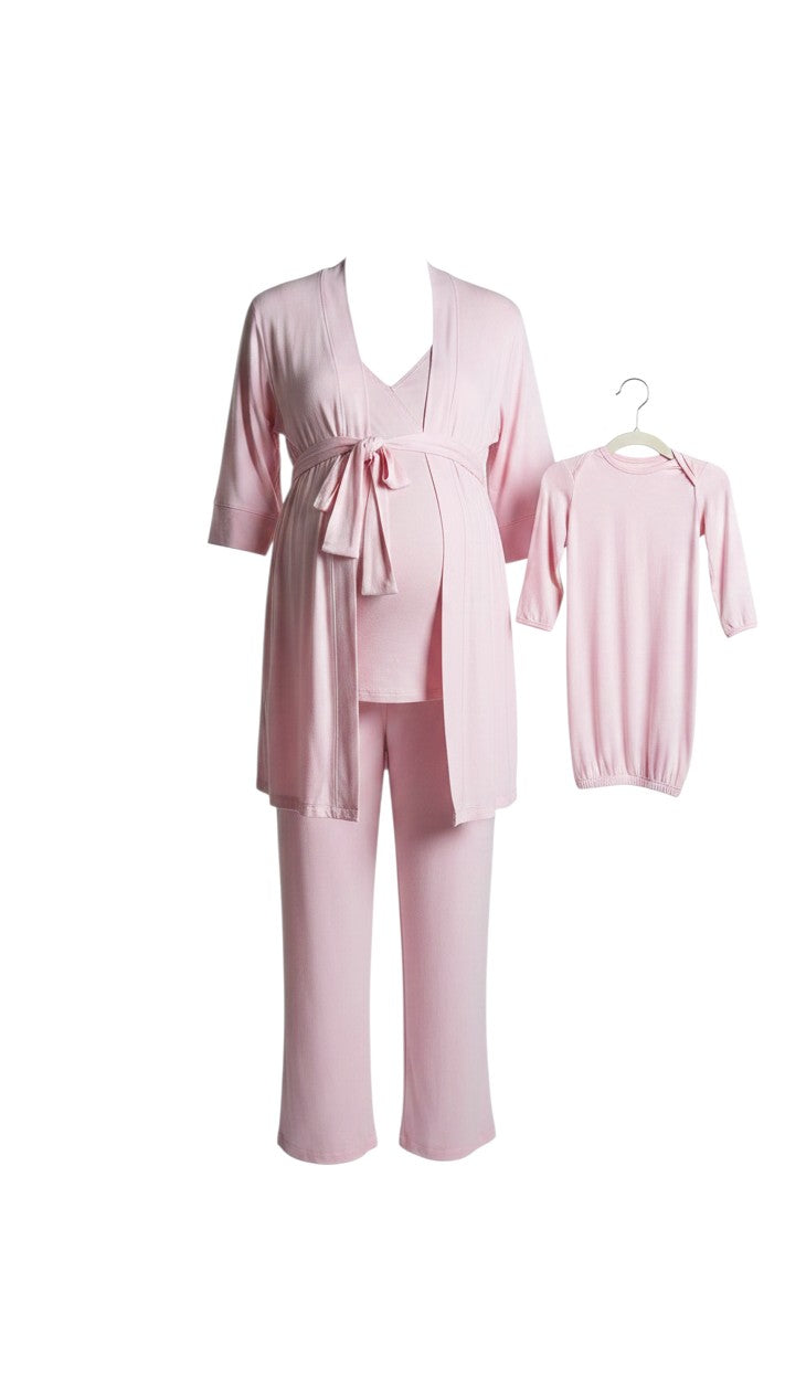 Mom & Me Boutique 5-piece blush maternity nursing set with matching newborn gown and hat in soft rayon spandex