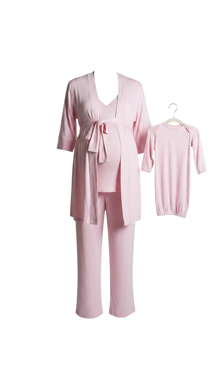 Mom & Me Boutique 5-piece blush maternity nursing set with matching newborn gown and hat in soft rayon spandex