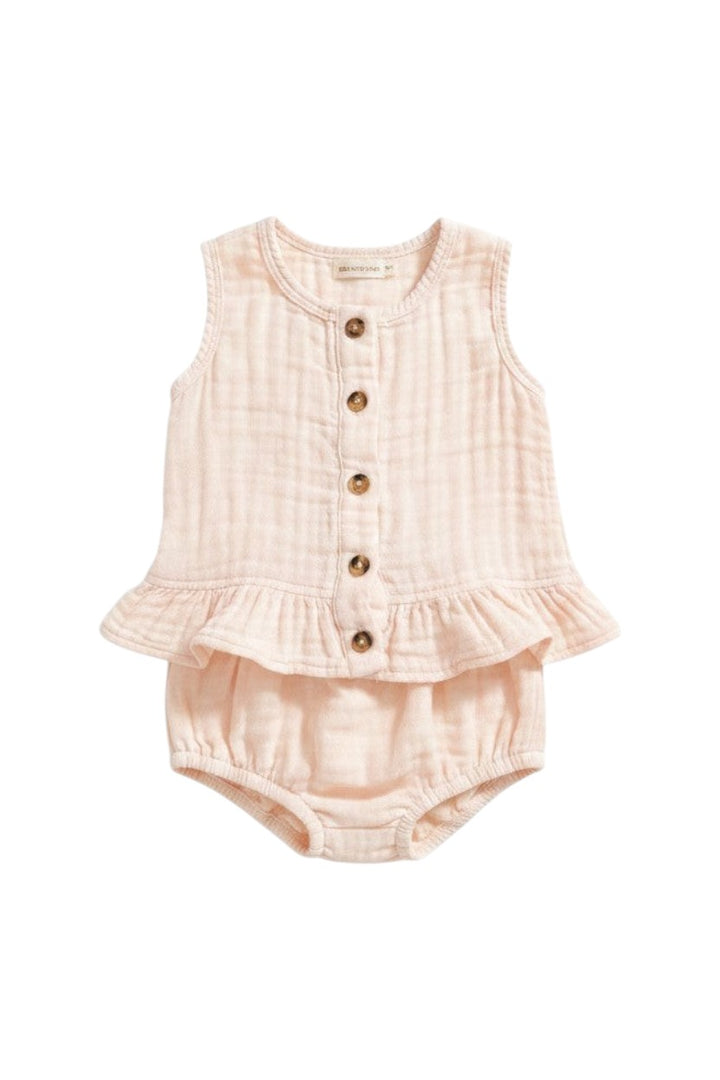 Mom & Me Boutique blush pink muslin cotton ruffle tank top and bloomer set with front button closure