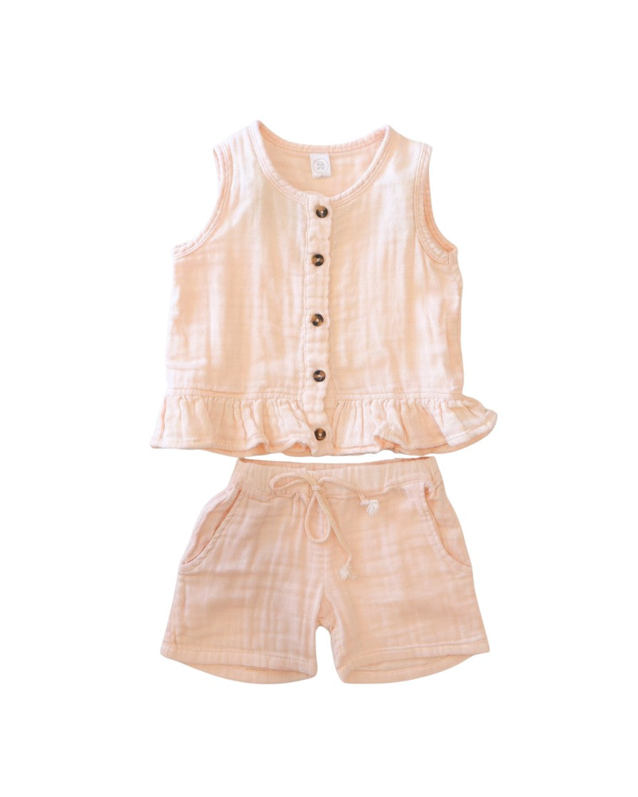 Mom & Me Boutique blush pink cotton muslin ruffle tank top and shorts set with front buttons