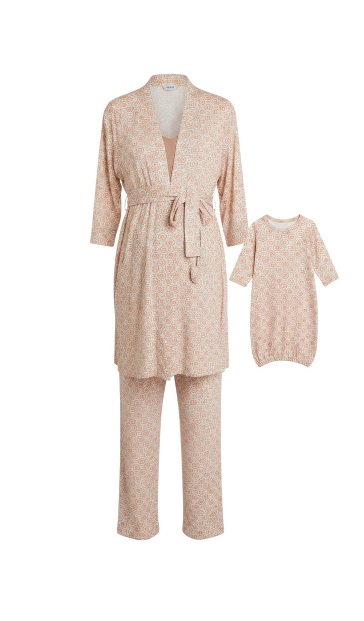 Mom & Me Boutique 5-piece bohemian print maternity nursing set with matching newborn gown and hat in soft rayon blend