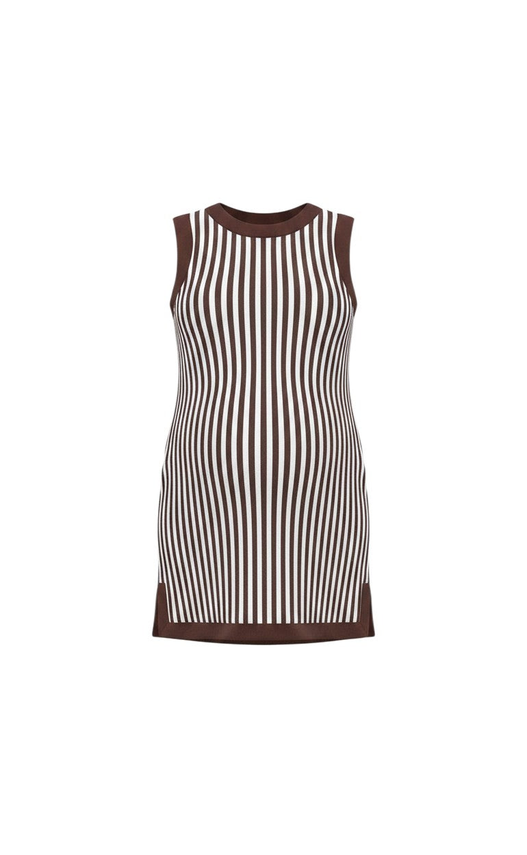 Mom & Me Boutique Bonnie sleeveless mini dress in brown and white vertical stripes with a ribbed knit texture.