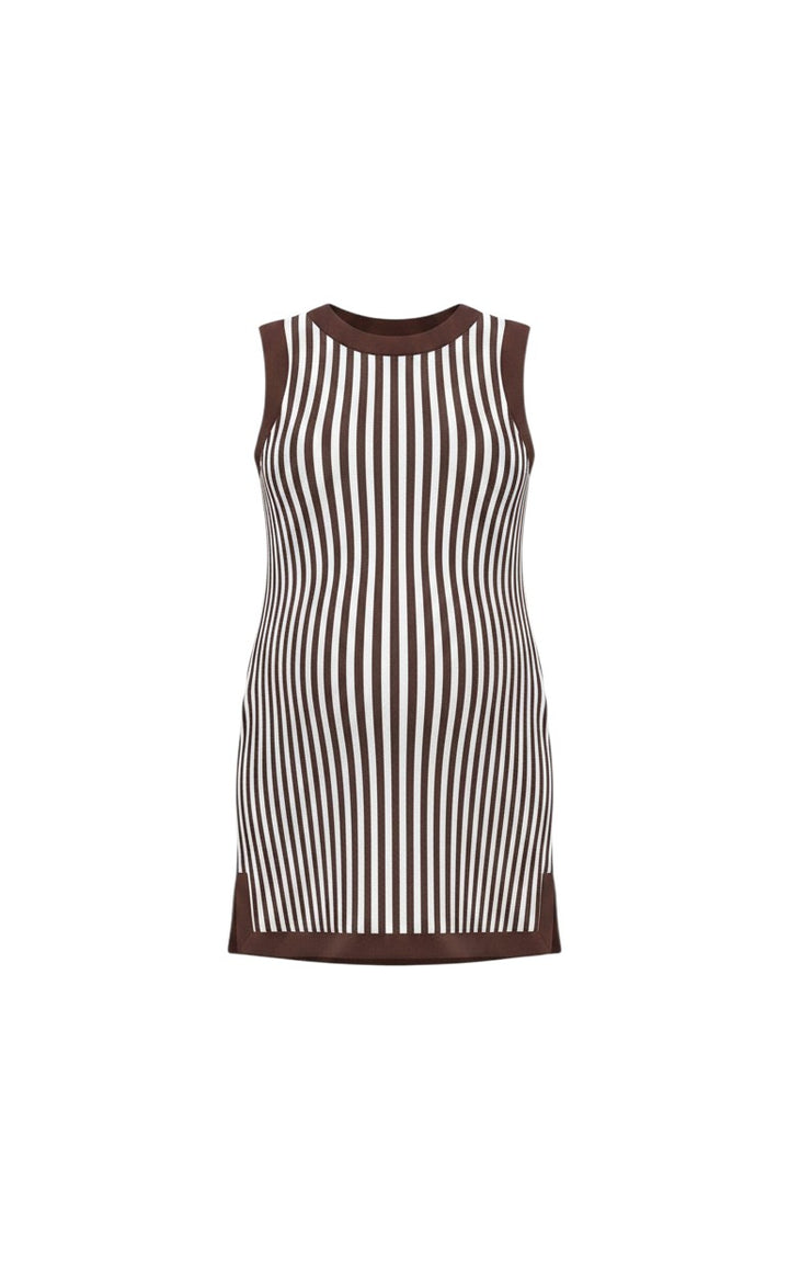 Mom & Me Boutique Bonnie sleeveless mini dress in brown and white vertical stripes with a ribbed knit texture.