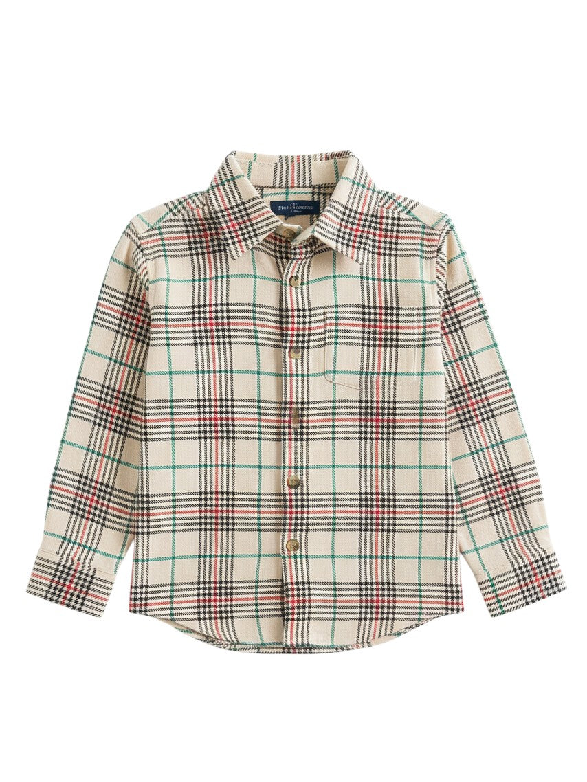 Mom & Me Boutique boys Tannen plaid button down shirt in cream cotton with red, green, and black check pattern