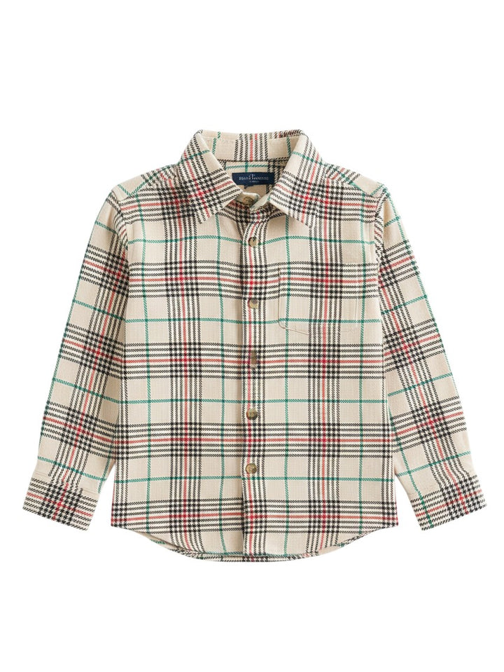 Mom & Me Boutique boys Tannen plaid button down shirt in cream cotton with red, green, and black check pattern