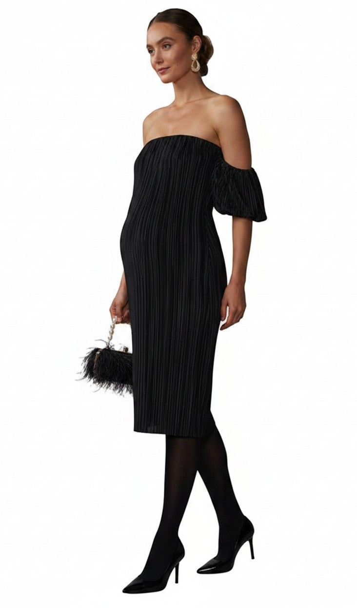 Mom & Me Boutique Brielle black pleated satin midi dress with off-shoulder puff sleeves on a pregnant model
