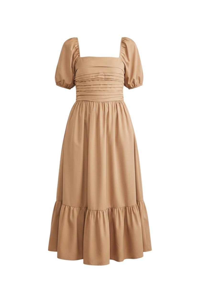 Mom & Me Boutique Bronwyn mocha midi dress with puff sleeves, ruched bodice, and ruffled hem in 100% polyester.