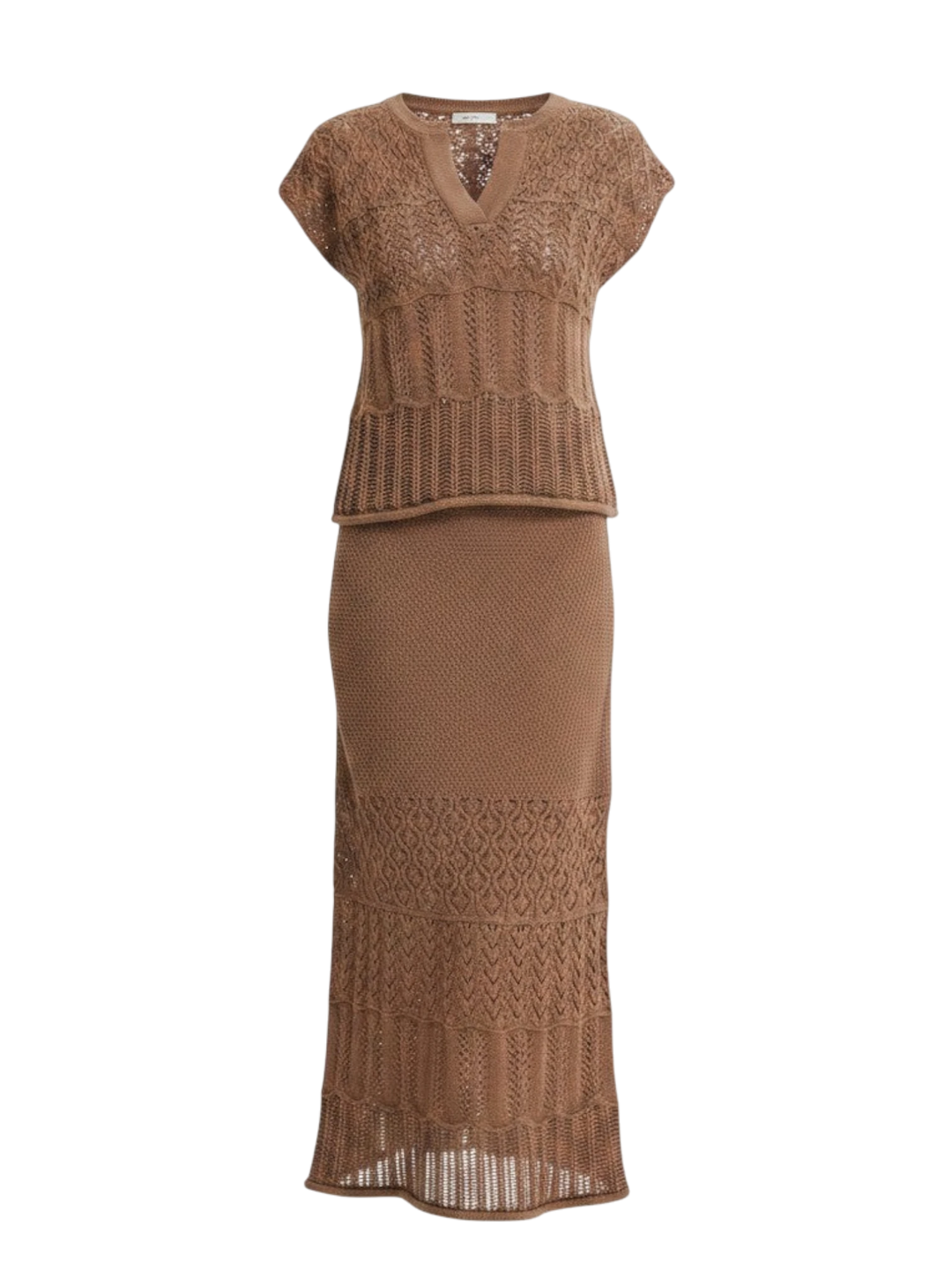 Mom & Me Boutique Marlee set featuring a brown open knit pointelle crochet top and matching maxi skirt in 100% cotton