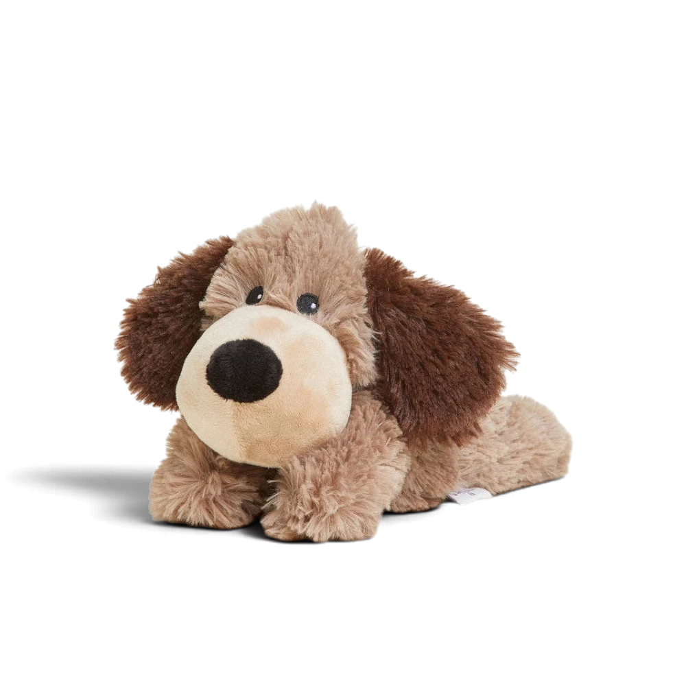 Mom & Me Boutique brown plush dog Warmies Junior, a microwavable soft toy scented with soothing French lavender.