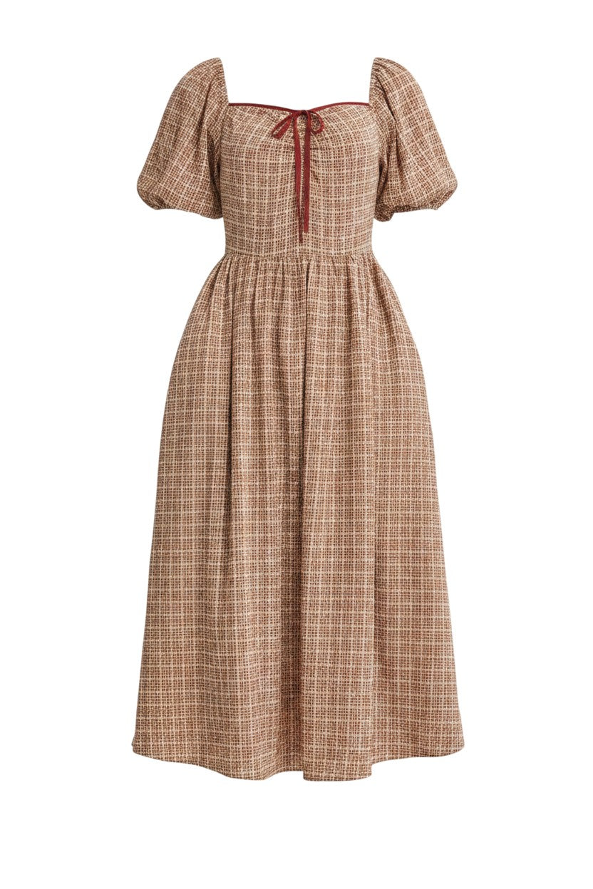 Mom & Me Boutique brown gingham midi dress with smocked bodice, puff sleeves, and a square neckline with contrast tie.