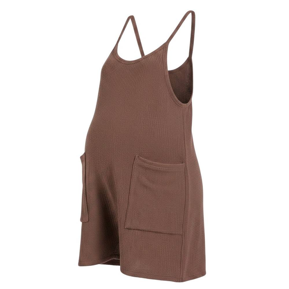 Mom & Me Boutique brown textured cotton knit maternity romper with spaghetti straps and front patch pockets