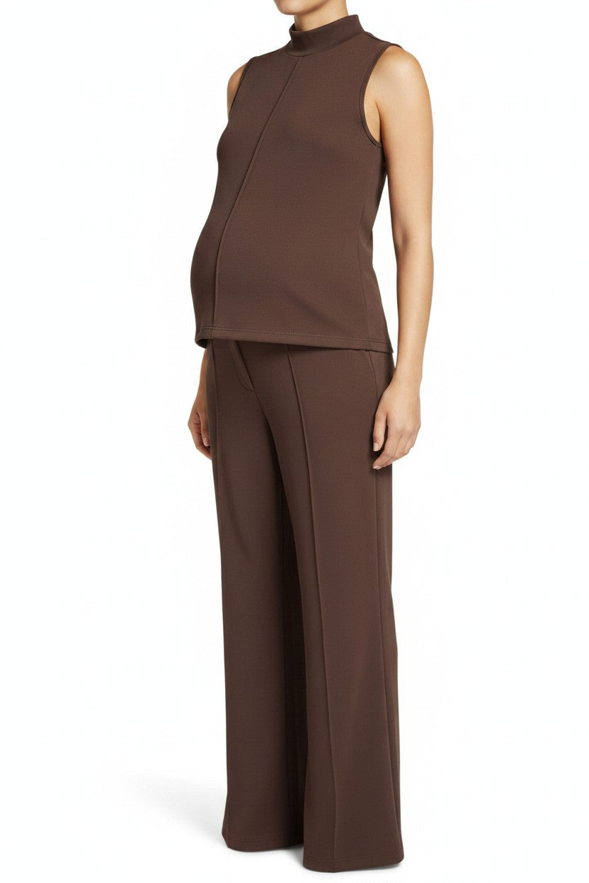 Mom & Me Boutique brown knit maternity set with sleeveless mock neck top and wide leg pants featuring center seams.