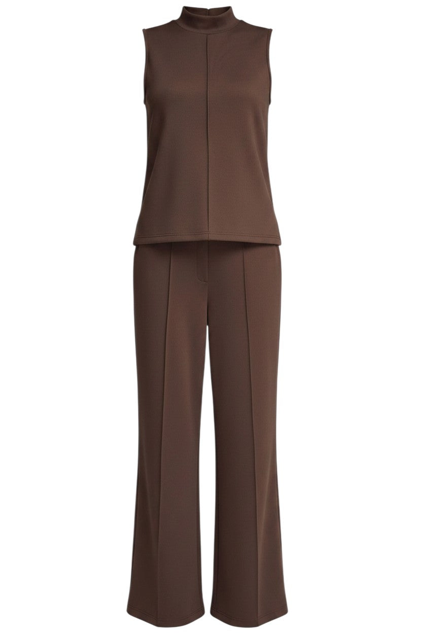 Mom & Me Boutique brown knit set featuring a sleeveless mock neck top and wide leg pants with a center seam.
