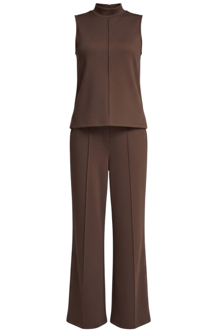Mom & Me Boutique brown knit set featuring a sleeveless mock neck top and wide leg pants with a center seam.