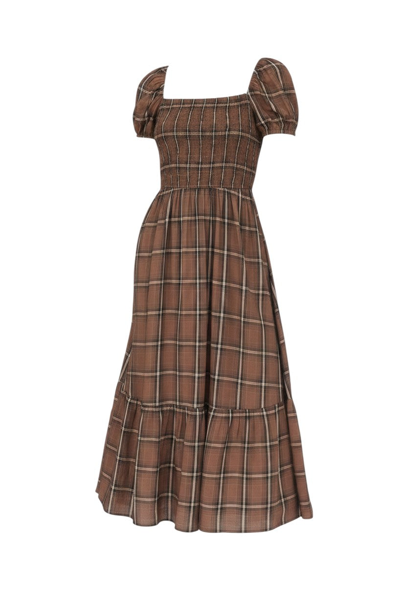 Mom & Me Boutique brown plaid midi dress with square neckline, smocked bodice, puff sleeves, and ruffle hem.