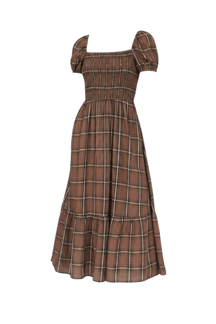 Mom & Me Boutique brown plaid midi dress with square neckline, smocked bodice, puff sleeves, and ruffle hem.