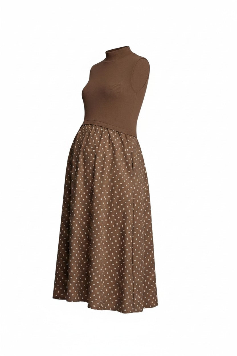 Mom & Me Boutique brown sleeveless midi dress with a knit mock neck bodice and a polka dot woven skirt with pockets.