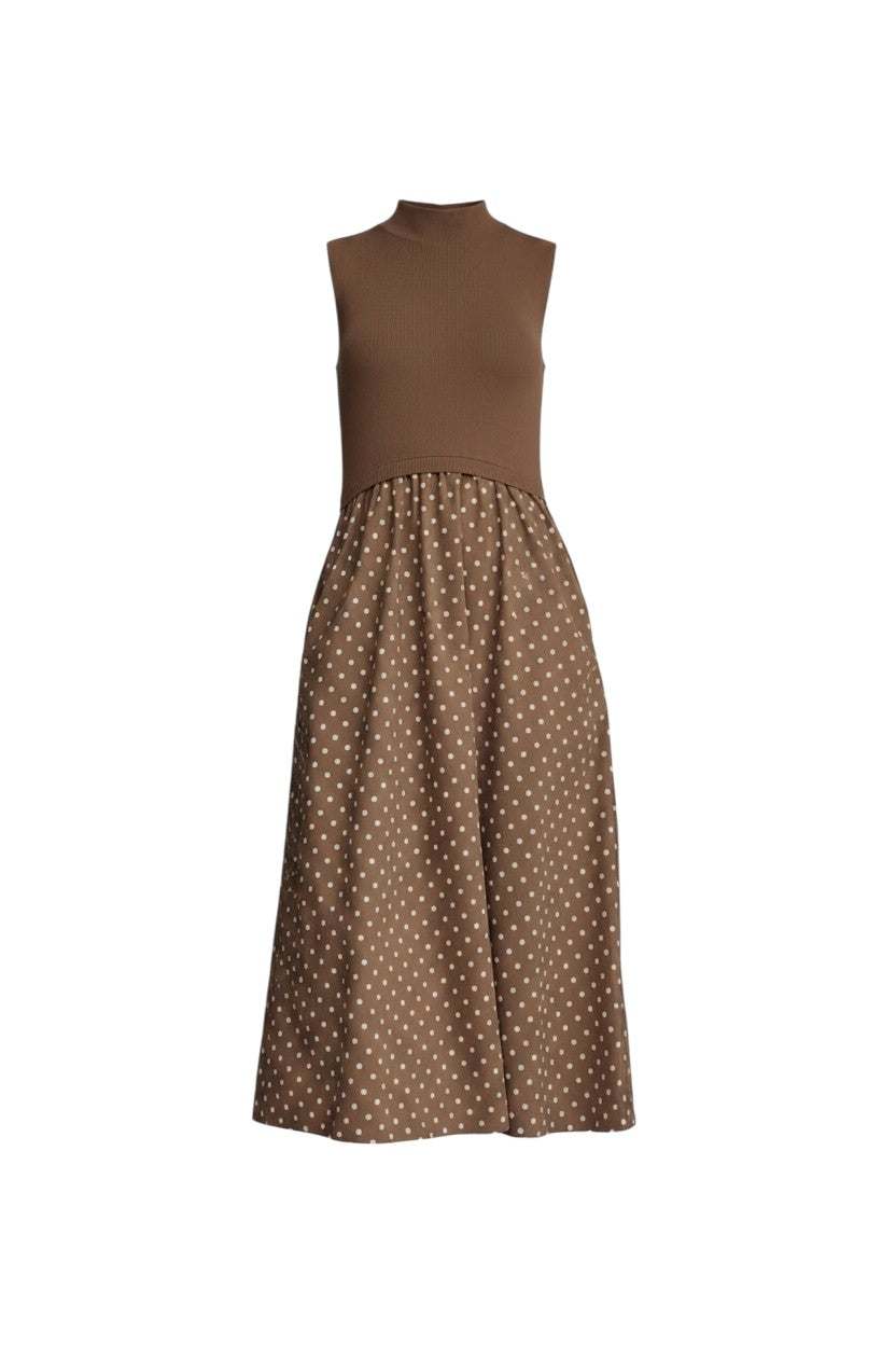 Mom & Me Boutique brown sleeveless midi dress with a knit mock neck bodice and a polka dot woven skirt with pockets.