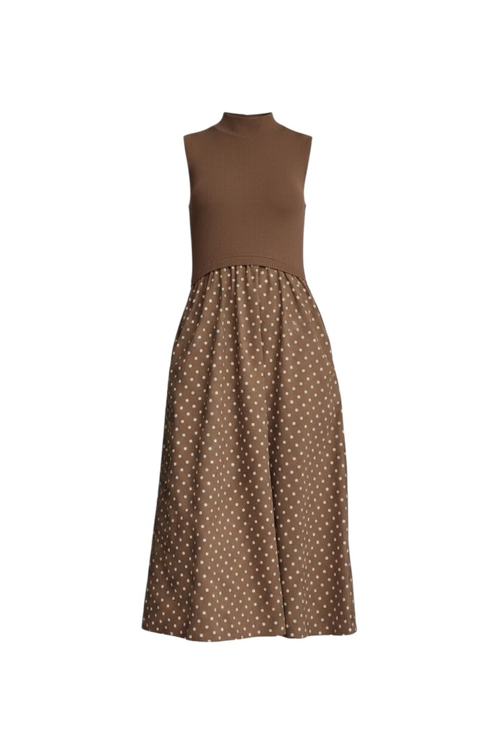 Mom & Me Boutique brown sleeveless midi dress with a knit mock neck bodice and a polka dot woven skirt with pockets.