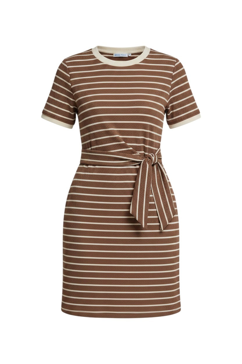 Mom & Me Boutique brown striped knit mini dress with short sleeves, round ribbed neckline, and self-tie waist detail.