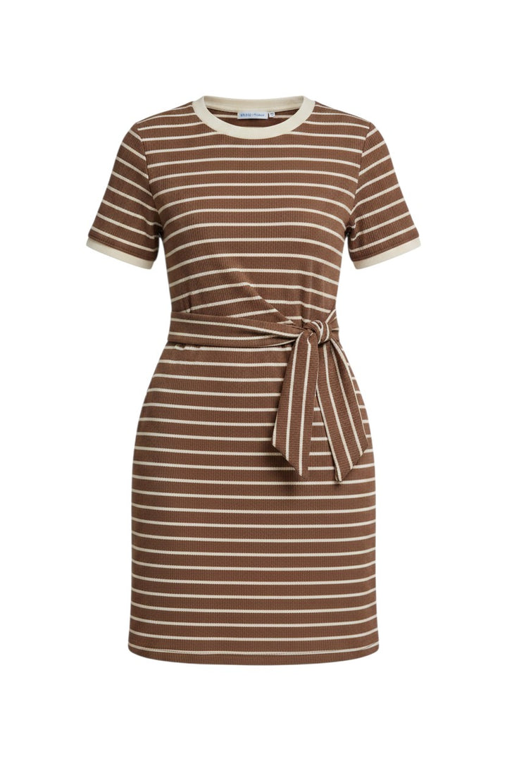 Mom & Me Boutique brown striped knit mini dress with short sleeves, round ribbed neckline, and self-tie waist detail.