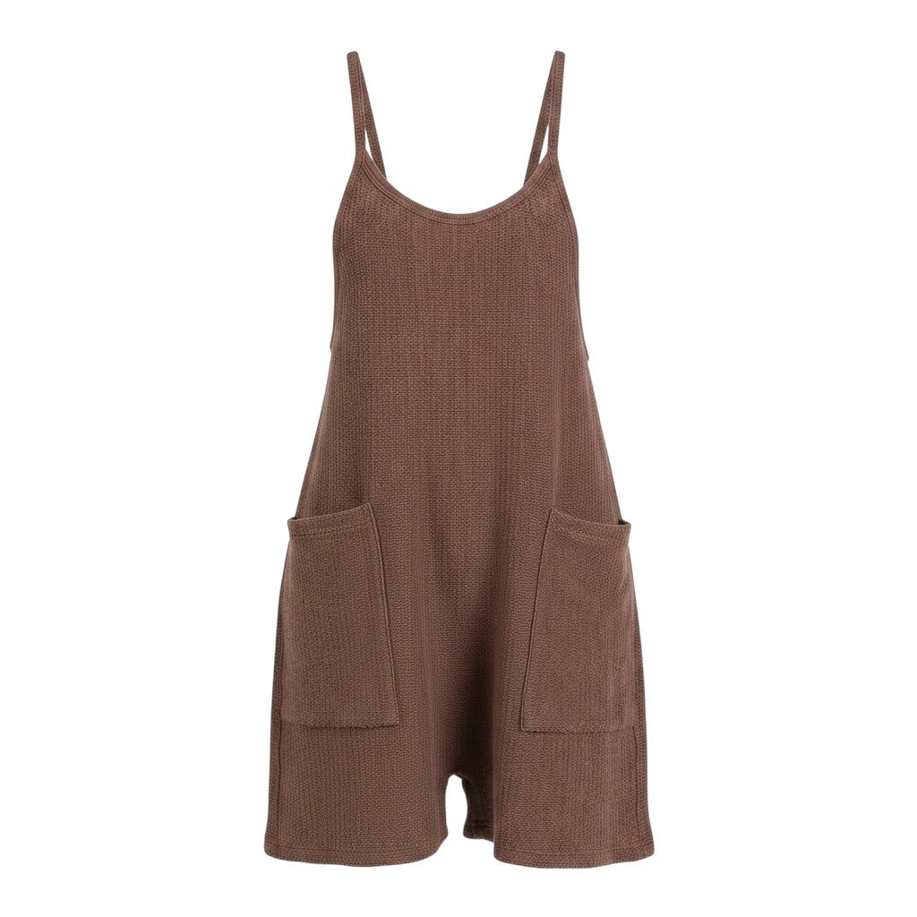 Mom & Me Boutique brown textured cotton knit loose fit romper with spaghetti straps and front patch pockets