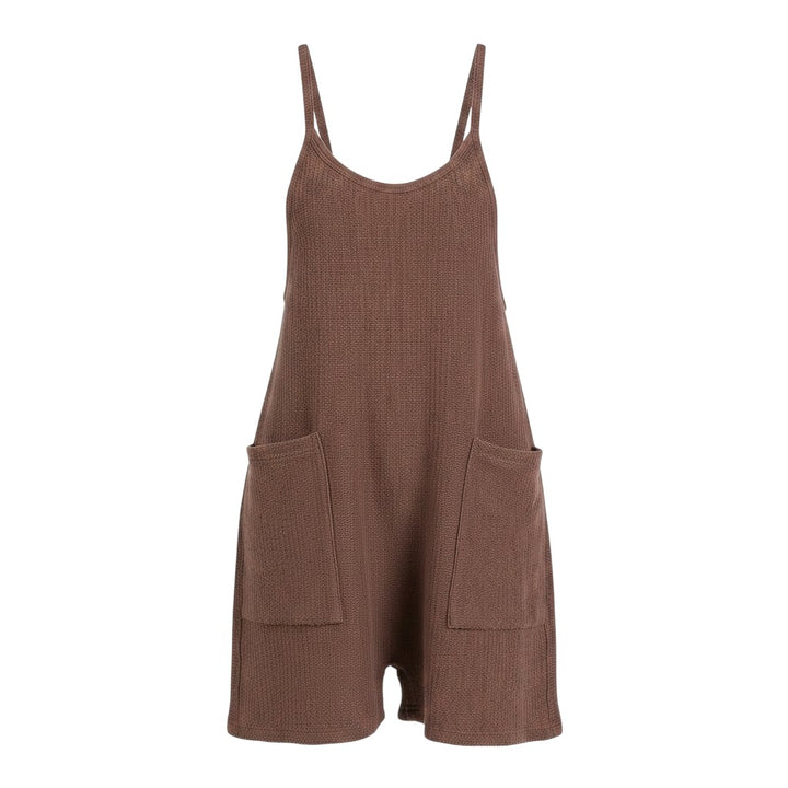 Mom & Me Boutique brown textured cotton knit loose fit romper with spaghetti straps and front patch pockets